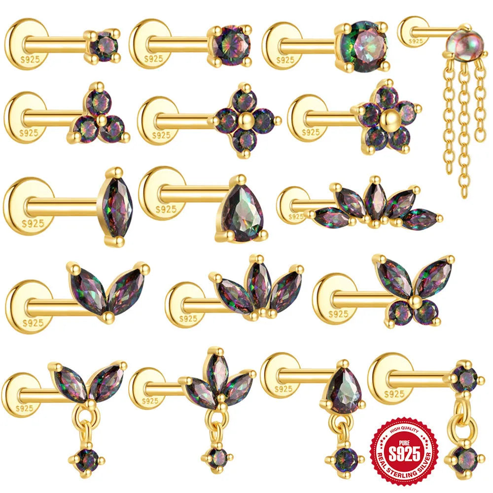 S925 sterling silver flat head stud earrings with shiny rainbow stone finish, showing thread piercing post.