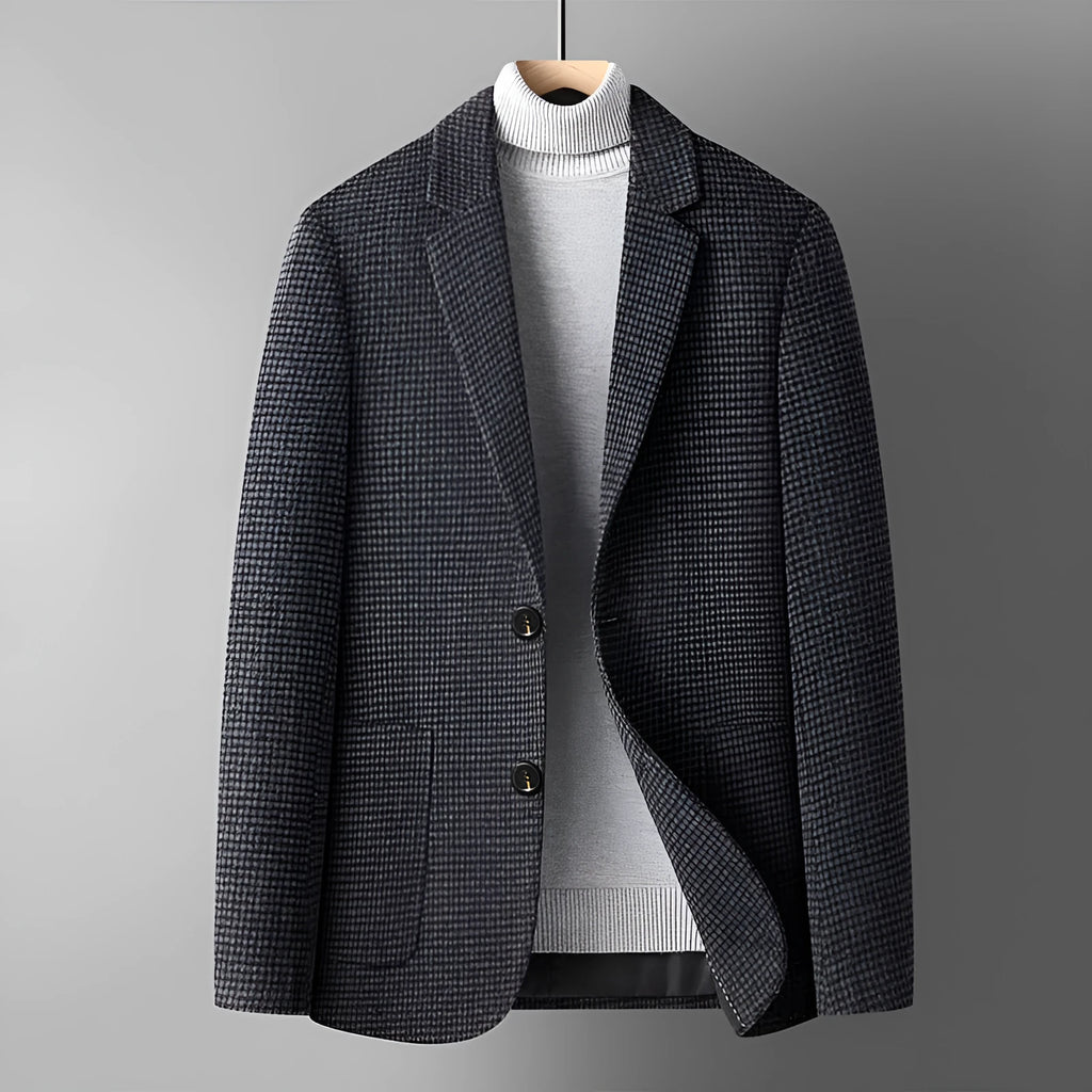 Men's slim fit wool suit jacket in grey, shown on a hanger, suitable for autumn and winter.