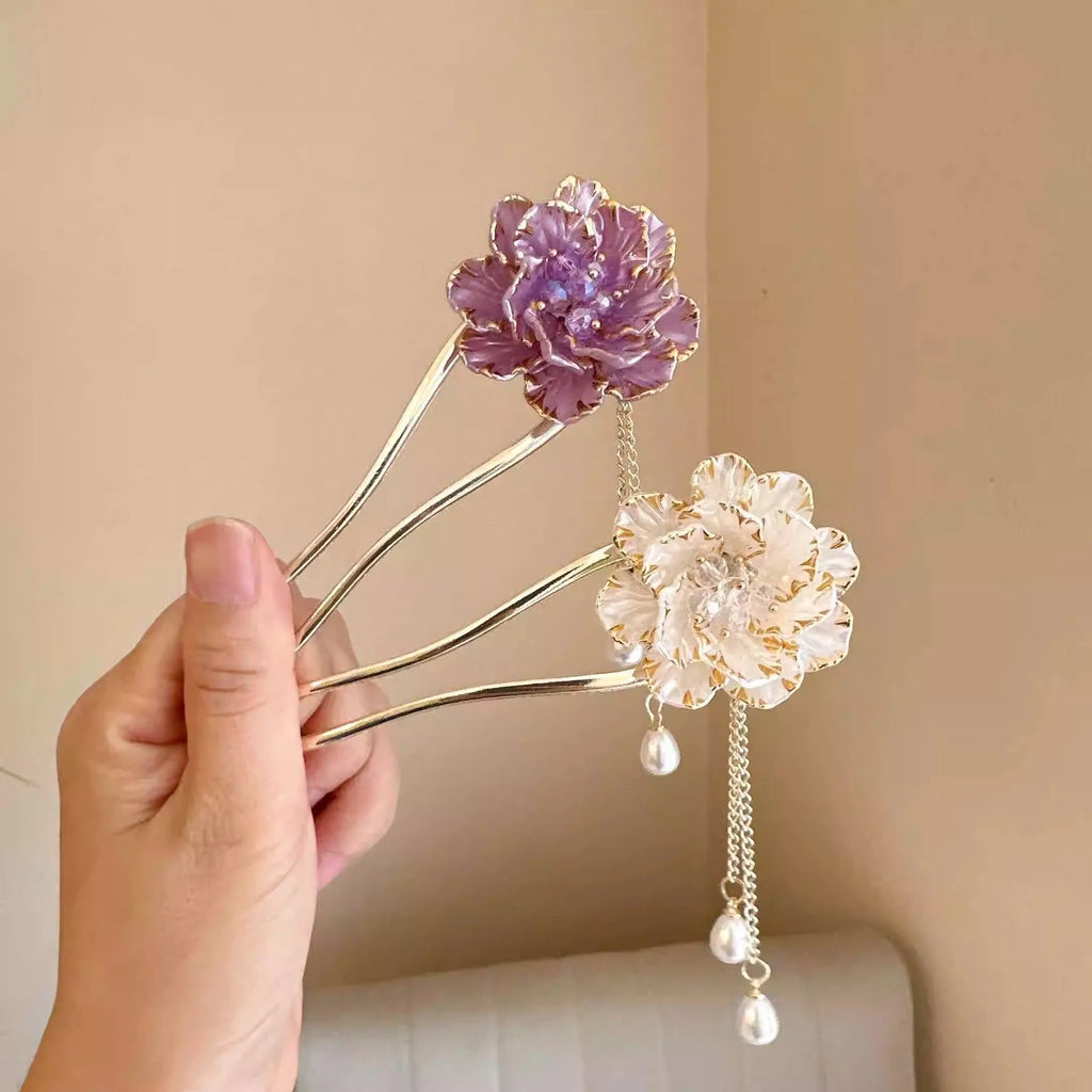 Purple and white peony flower tassel U-shaped hairpin with electroplated alloy construction