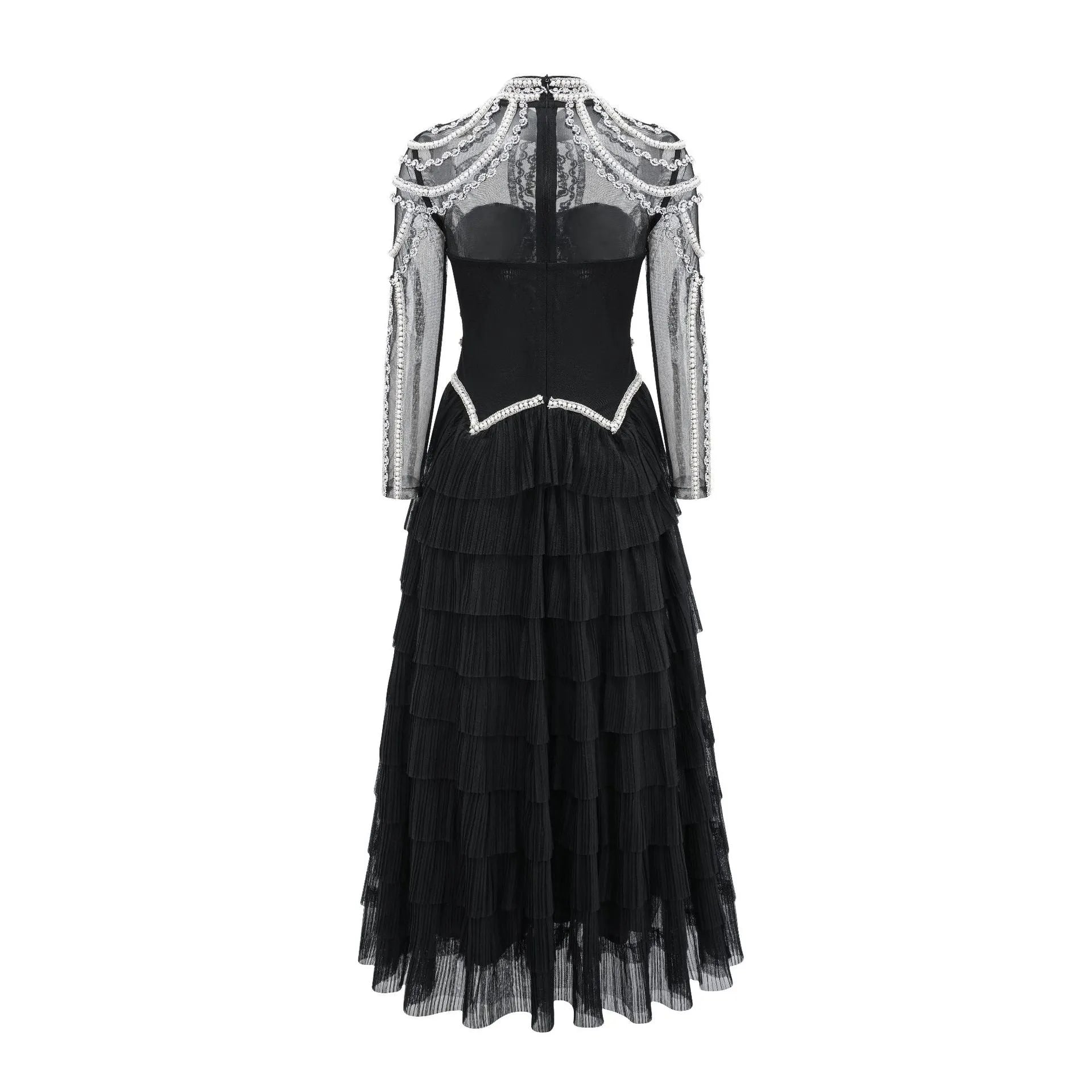 Black and pink women's long sleeve dress with beaded decoration on the front.