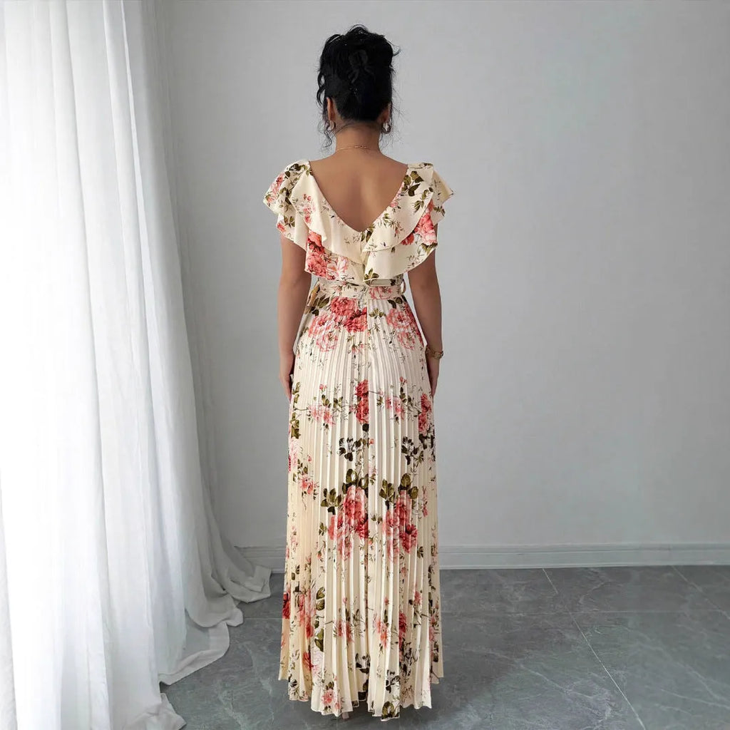 Apricot floral print dress with V-neck, ruffled short sleeves and oversized swing skirt