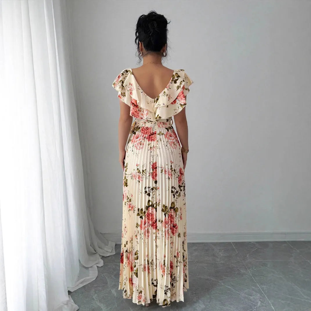 Apricot floral print dress with V-neck, ruffled short sleeves and oversized swing skirt