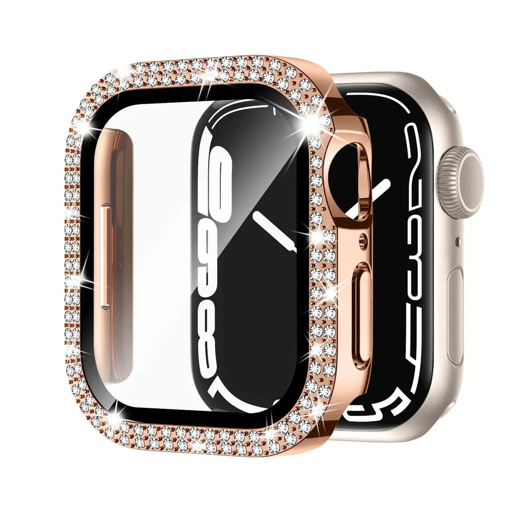 Apple Watch protective case with Double Diamond Glass peep-proof screen in rose gold colour.