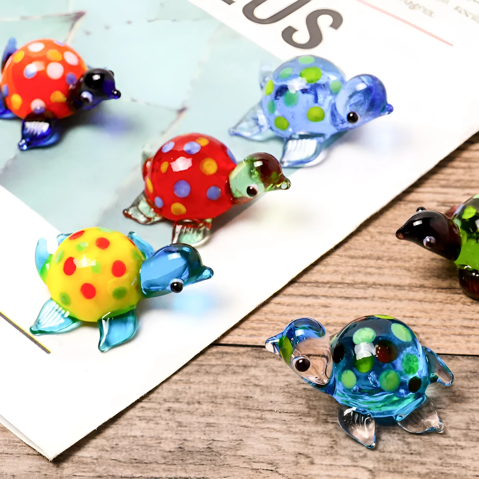 Geometric glass turtle desktop ornament in a modern style with colourful shell and head.