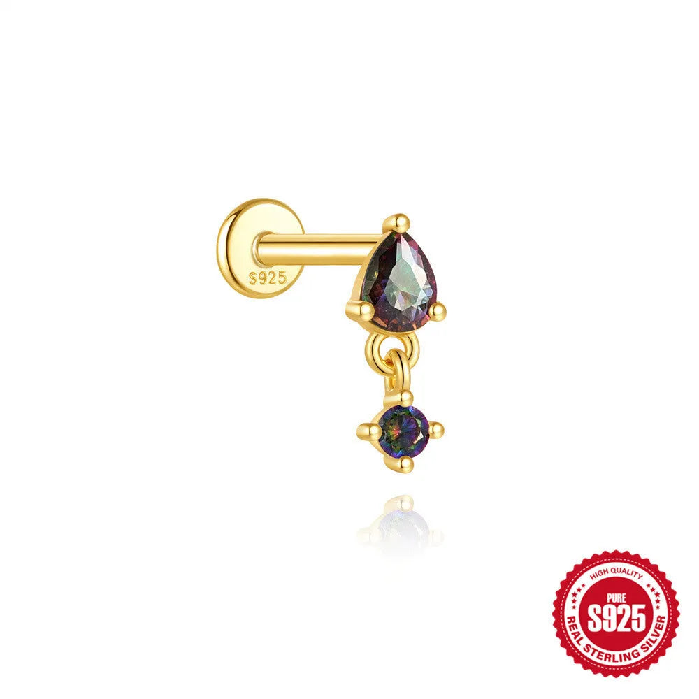 S925 sterling silver flat head stud earrings with shiny rainbow stone finish, showing thread piercing post.