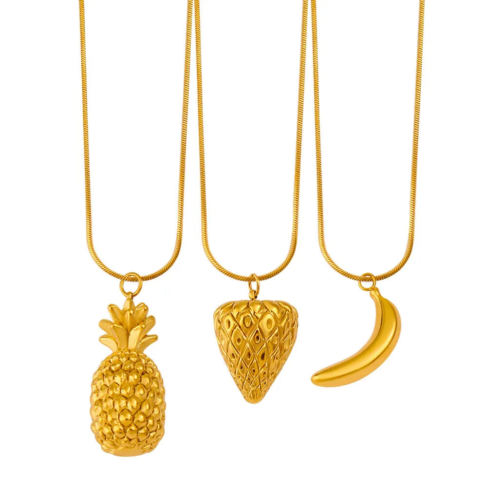 Stainless steel women's necklace with colourful apple, grape, watermelon, pineapple, strawberry and banana fruit charms.