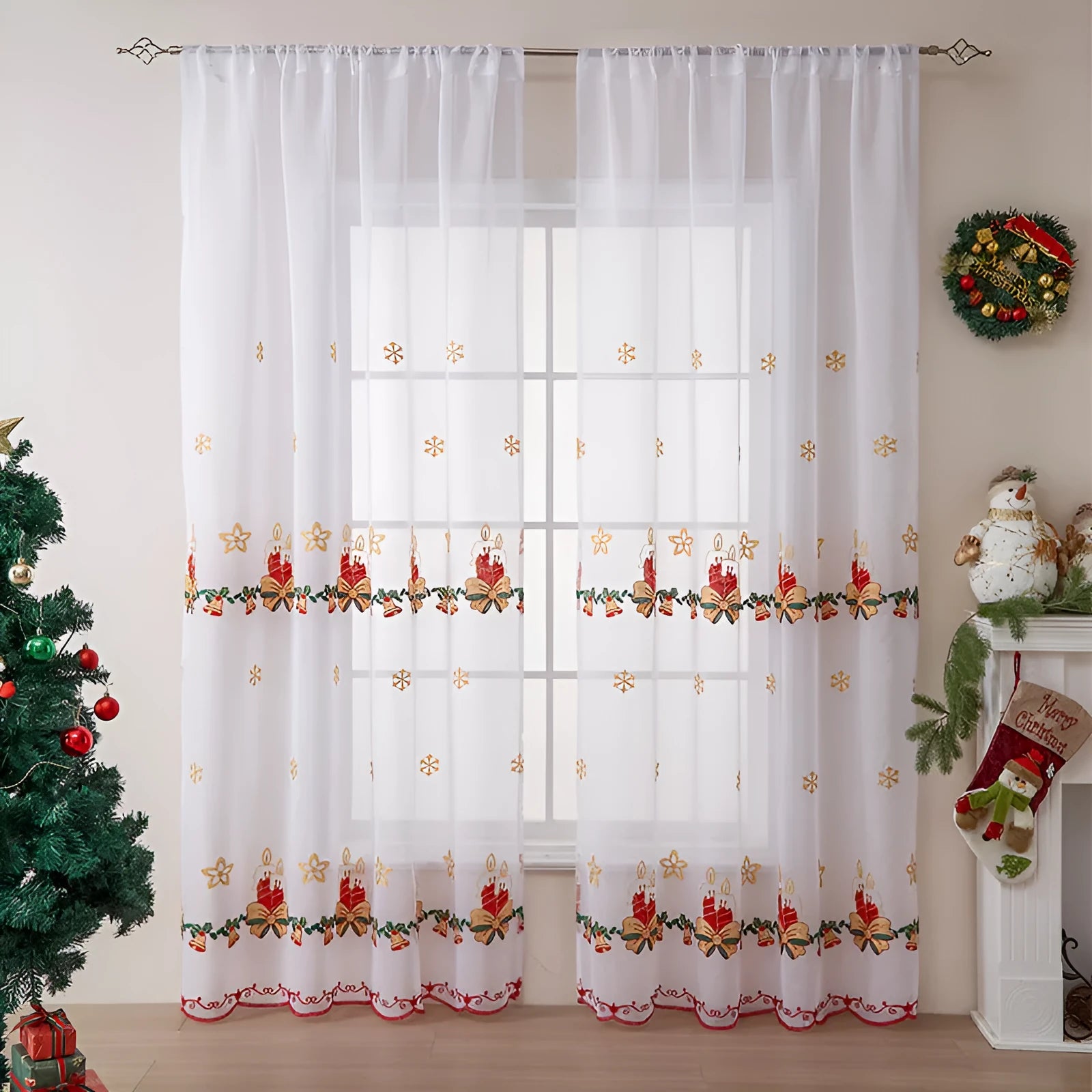 American Christmas curtain with white snowflake embroidery on red polyester fabric