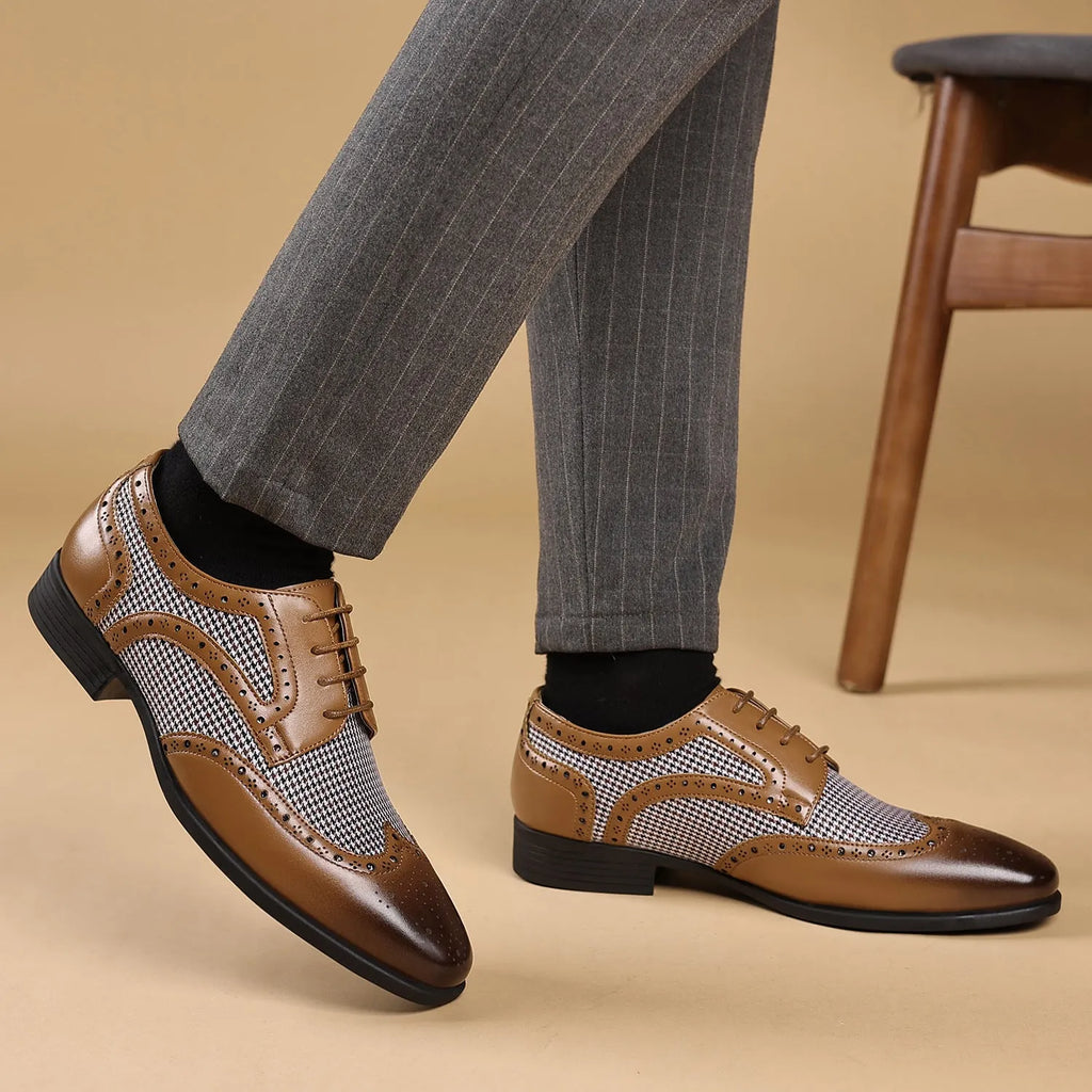 Men's black houndstooth plaid casual leather shoes with canvas upper, square toe, and lace-up front.