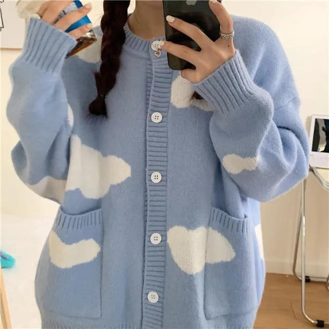 Women's blue spandex cardigan with cloud pattern, loose fit design with long sleeves