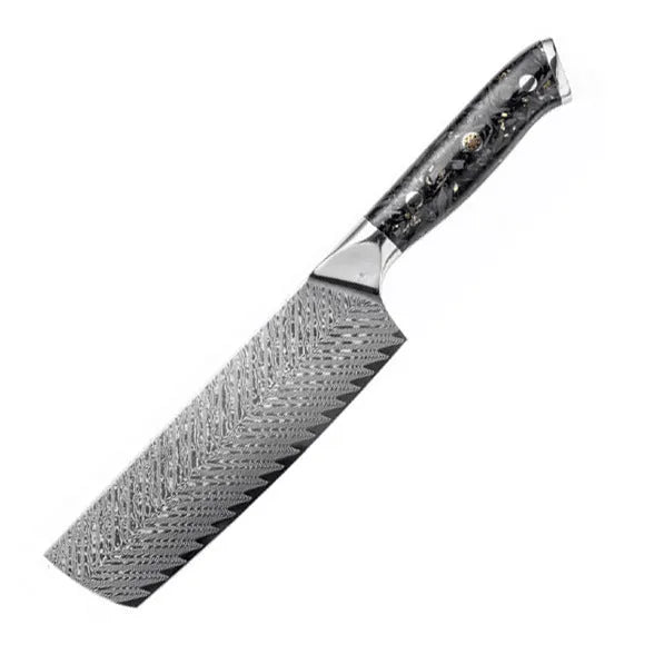 67-layer Damascus steel kitchen knife set with fishbone pattern showing eight different blade sizes and types