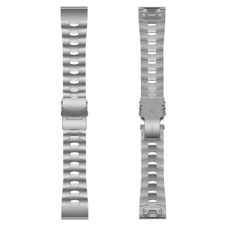 Garmin Fenix compatible watch strap shown in black, silver, and titanium colours for 22mm and 26mm widths.