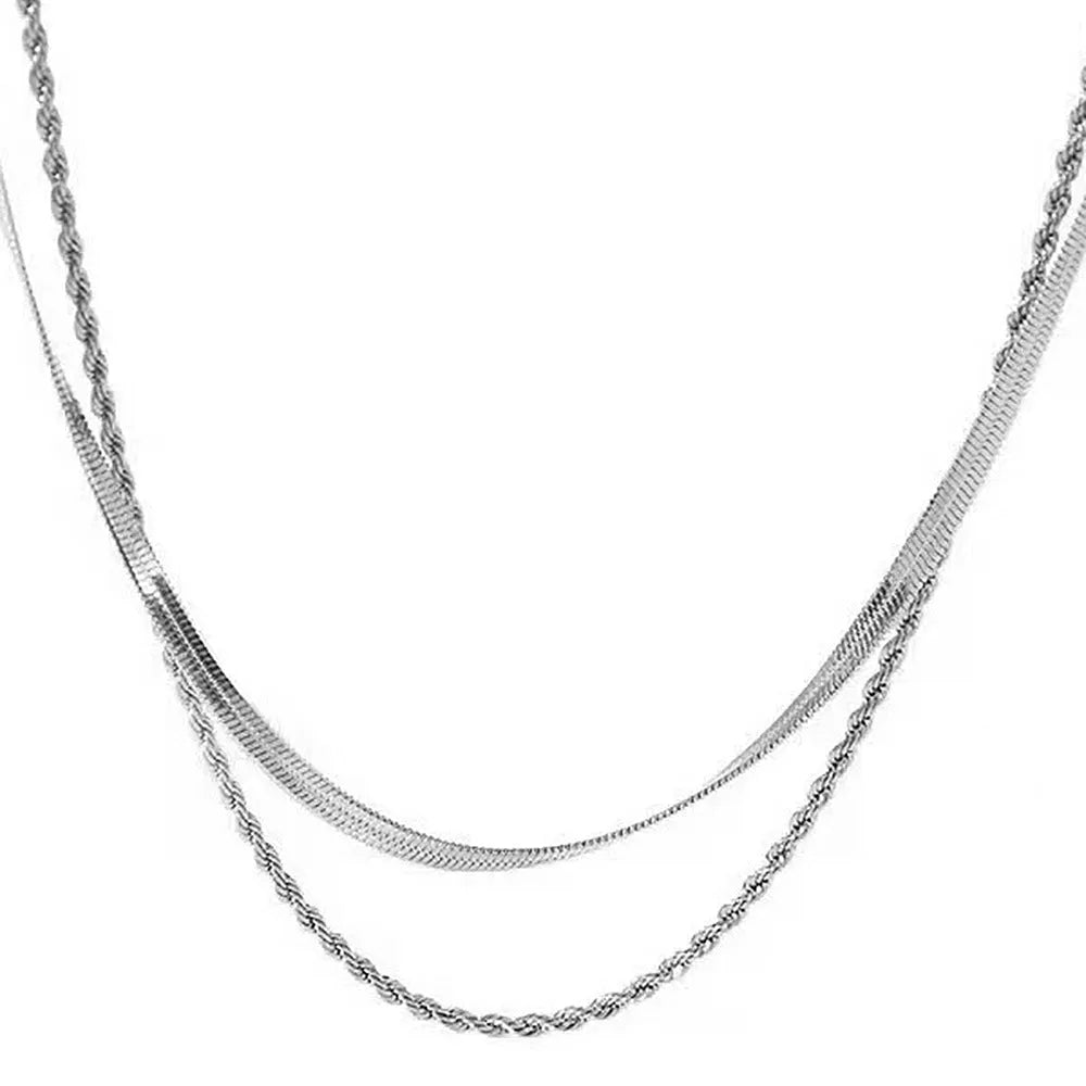 Women's retro double-layer twist necklace with geometric pendant on adjustable snake bone chain