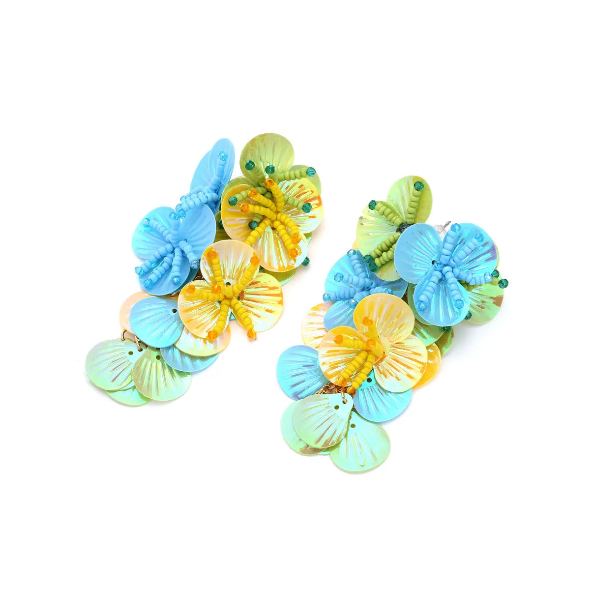 Handmade colourful string bead flower earrings with exaggerated dopamine design