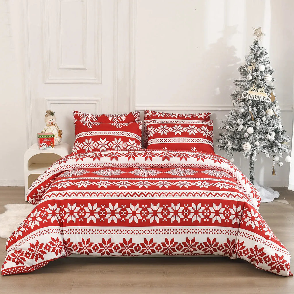 Red Christmas Love Song pattern bedding three-piece set with quilt cover and matching pillowcases
