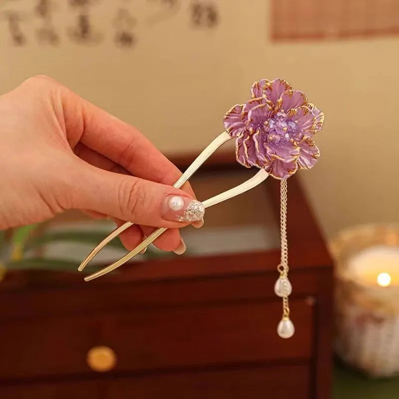 Purple and white peony flower tassel U-shaped hairpin with electroplated alloy construction