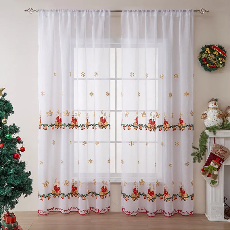 American Christmas curtain with white snowflake embroidery on red polyester fabric