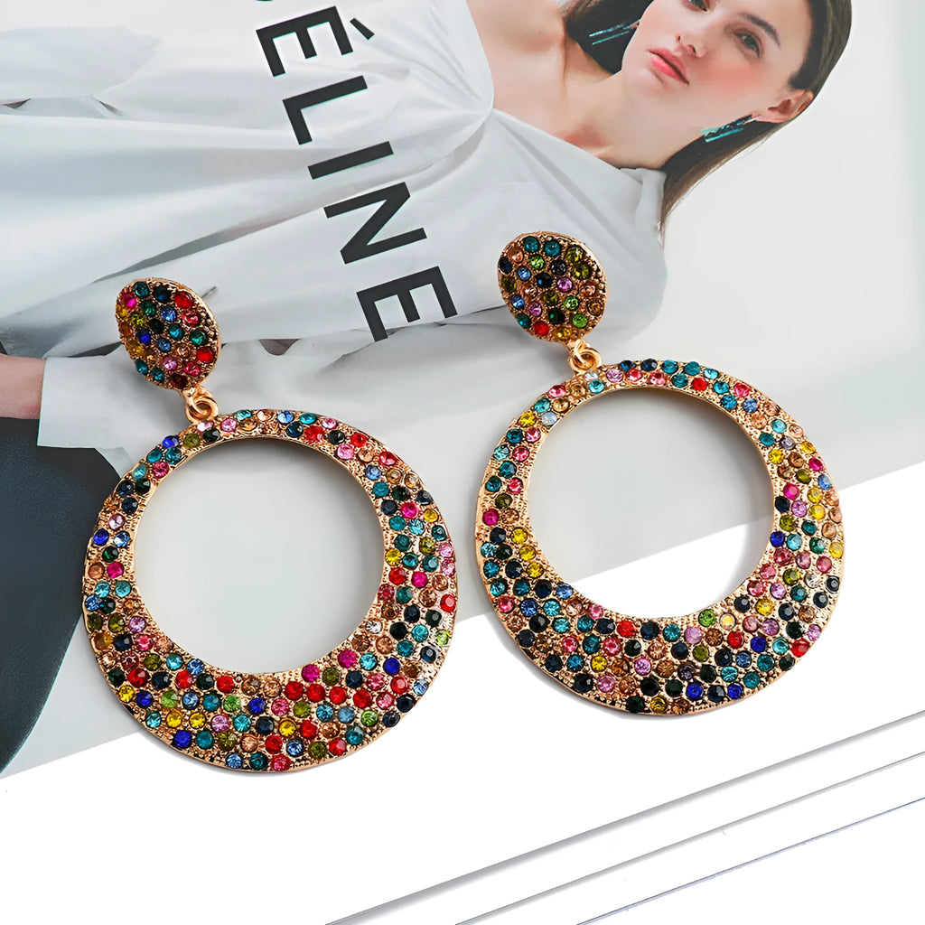 Women's alloy round pendant earrings with colourful diamond detailing in European American fashion cartoon style
