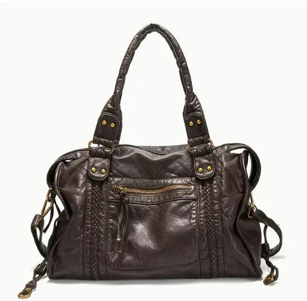 Women's brown retro PU messenger bag with woven accent and shoulder strap