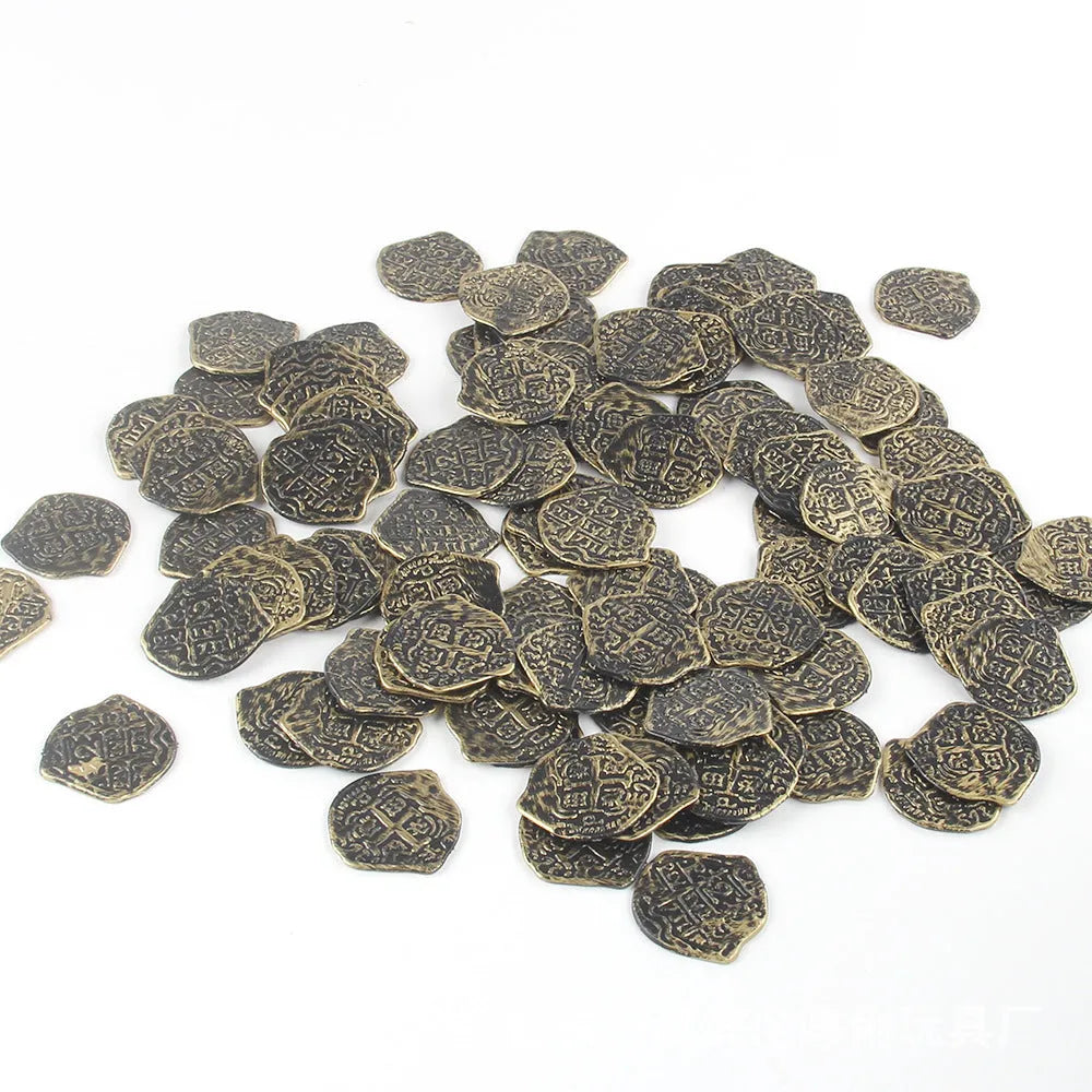 Doli set of 100 plastic Roman pirate coins in bronze, gold, and silver electroplated finishes.