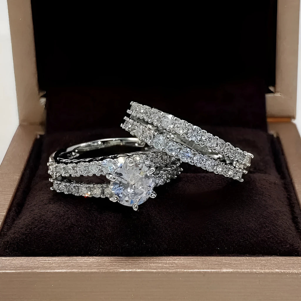 2-in-1 fully-jewelled geometric female ring set in silver, gold, and rose gold colours