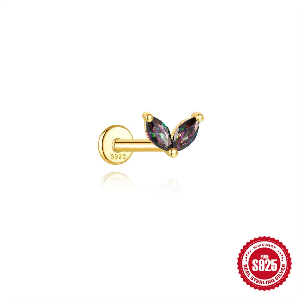S925 sterling silver flat head stud earrings with shiny rainbow stone finish, showing thread piercing post.