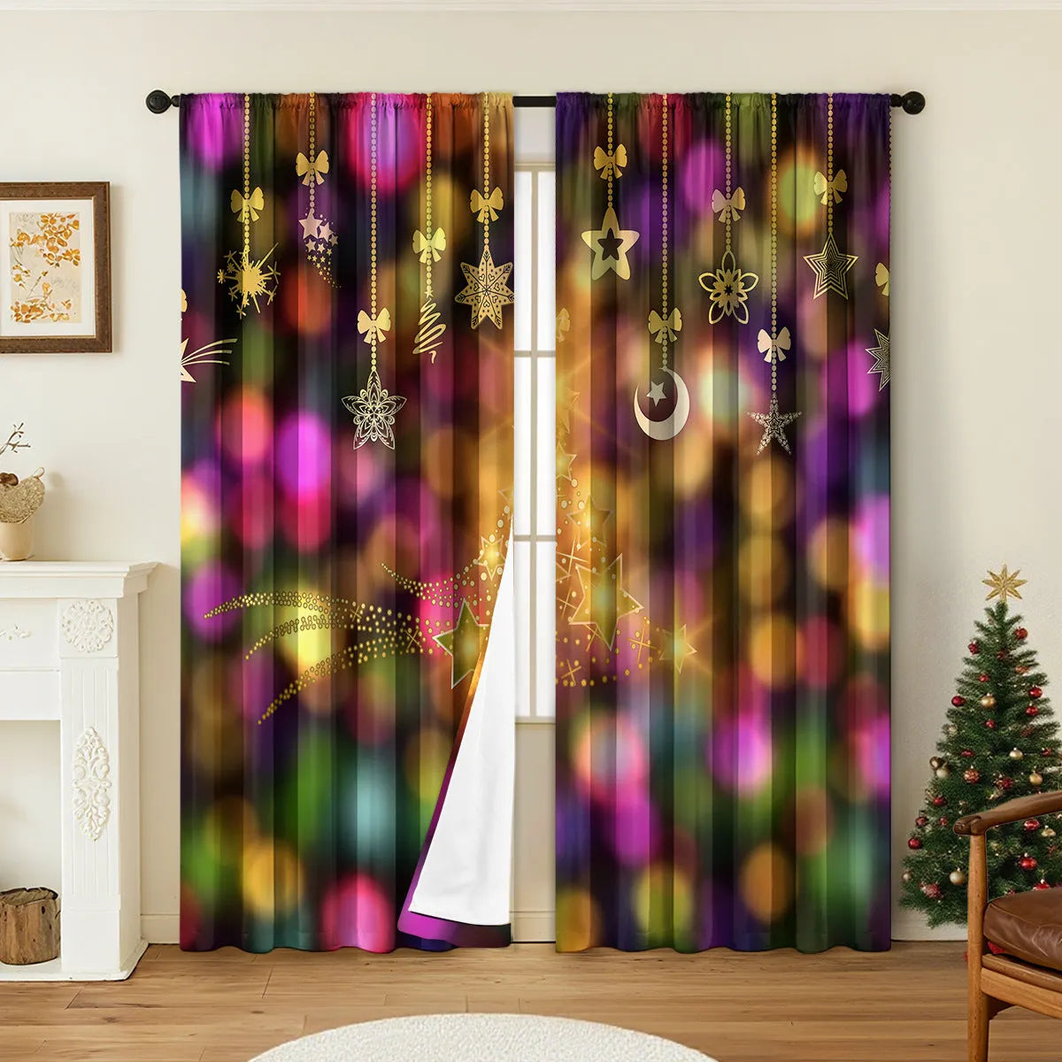 Pair of 3D digitally printed Christmas theme curtains made from polyester fabric, showing detailed pattern.