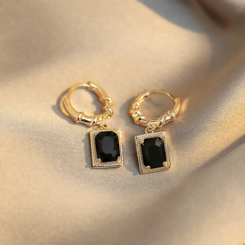 Black zircon French court retro earrings with geometric quadrilateral copper design