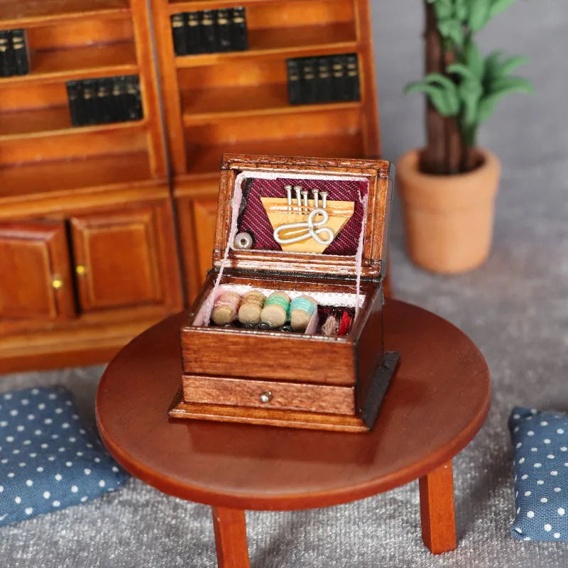 Miniature wooden sewing kit with European style accessories in birch wood