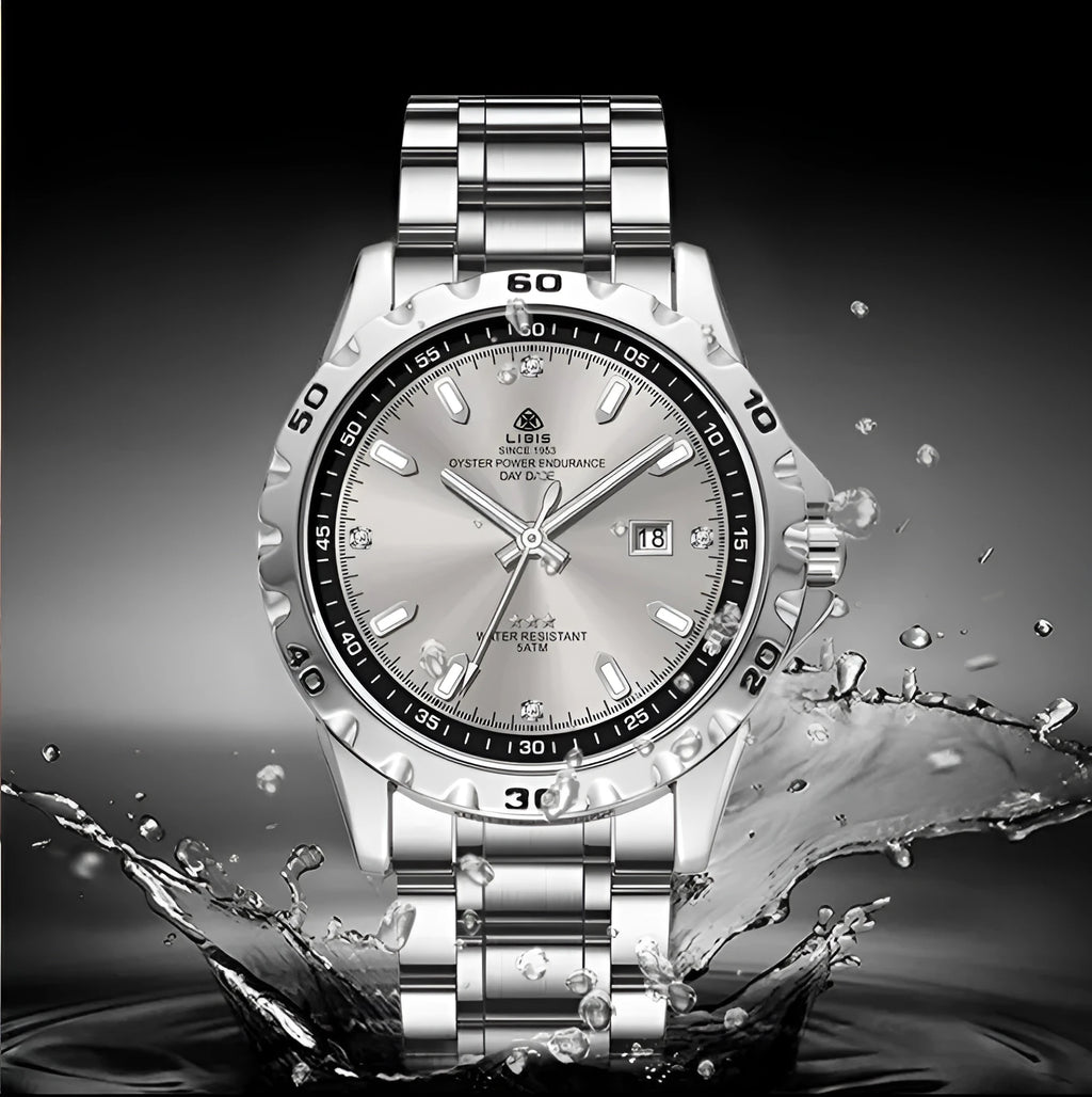 Men's silver quartz watch with luminous display and stainless steel strap
