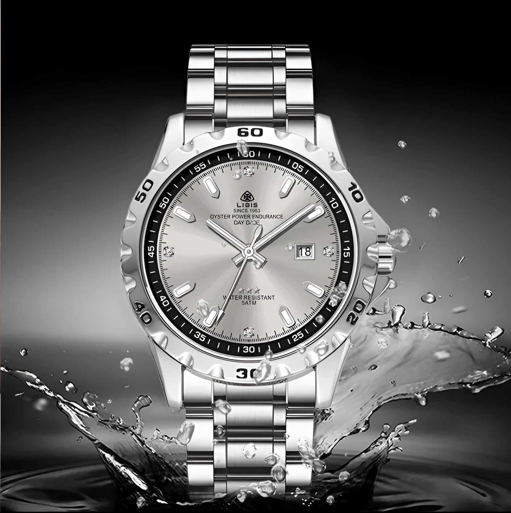 Men's silver quartz watch with luminous display and stainless steel strap