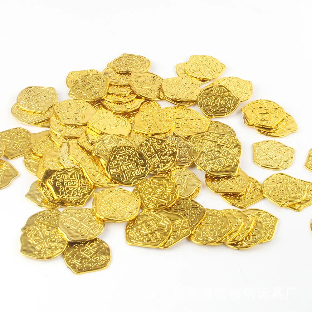 Doli set of 100 plastic Roman pirate coins in bronze, gold, and silver electroplated finishes.