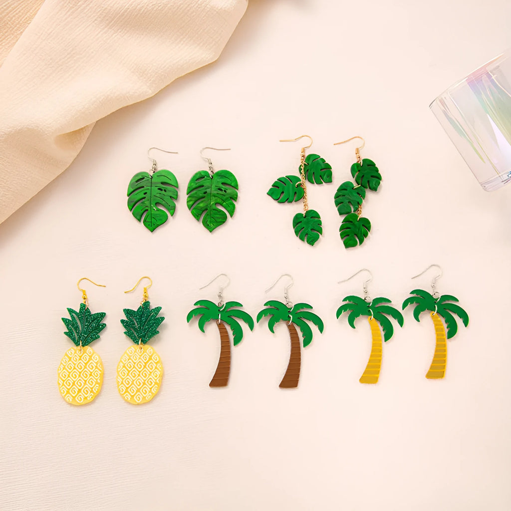 Acrylic drop earrings with coconut and jackfruit design on an alloy hook, shown in multiple colour styles.