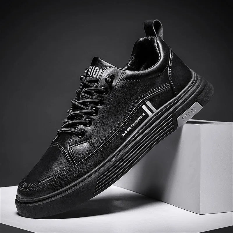 Men's white and black microfiber skate shoes with elastic band and rubber sole