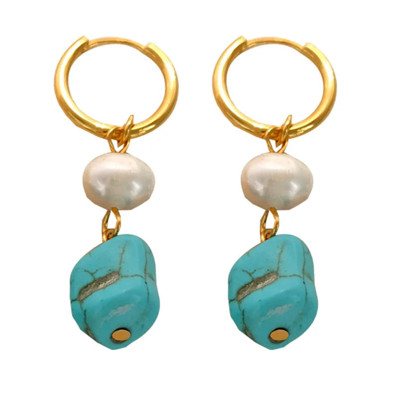 Geometric copper earring set with turquoise and cultured pearls including short clips and dangle styles