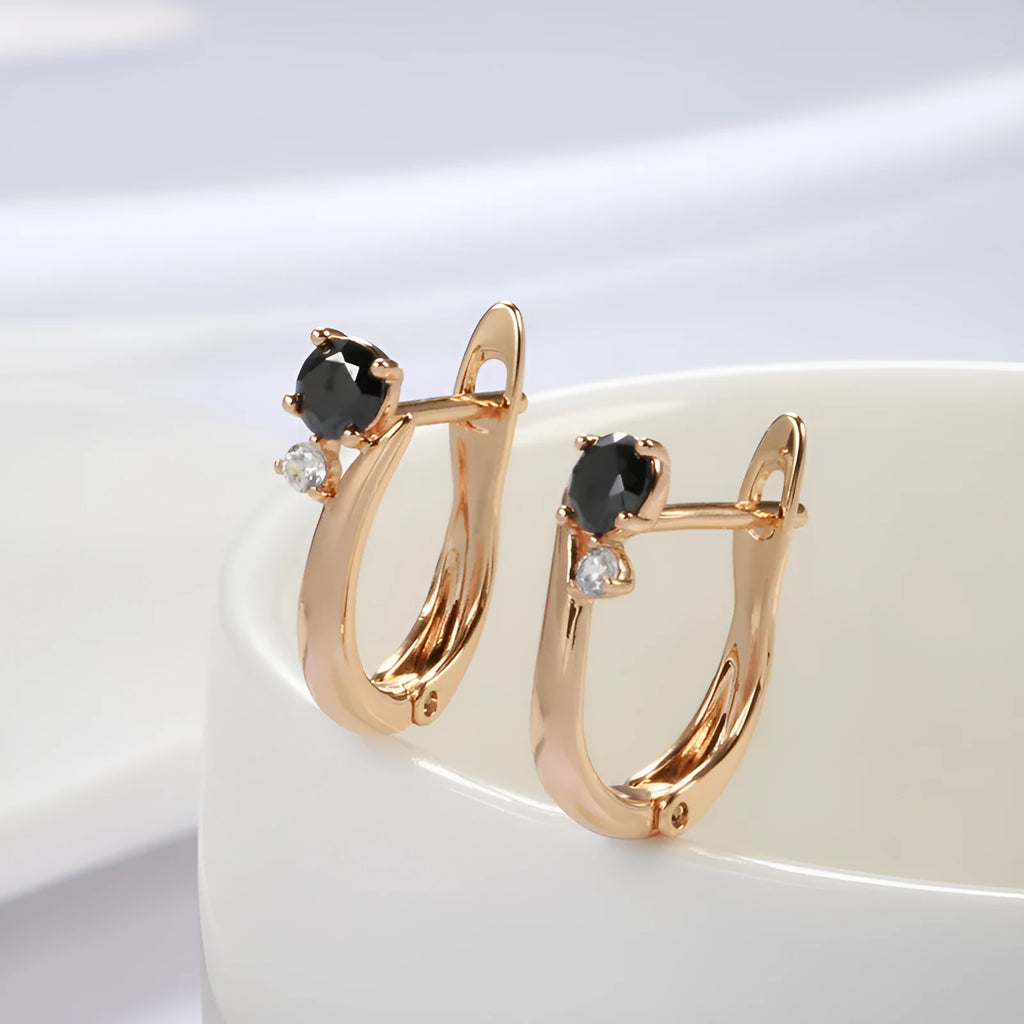 Gold-plated black agate drop earrings with retro geometric design for women