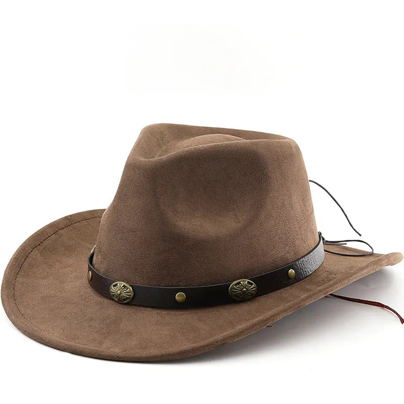 Brown leather velvet curved edge Western cowboy hat with a conical crown.