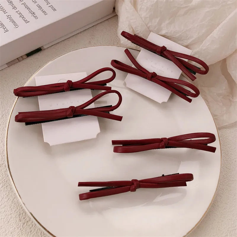 Wine red leather bow hair barrettes for women's hair styling accessories