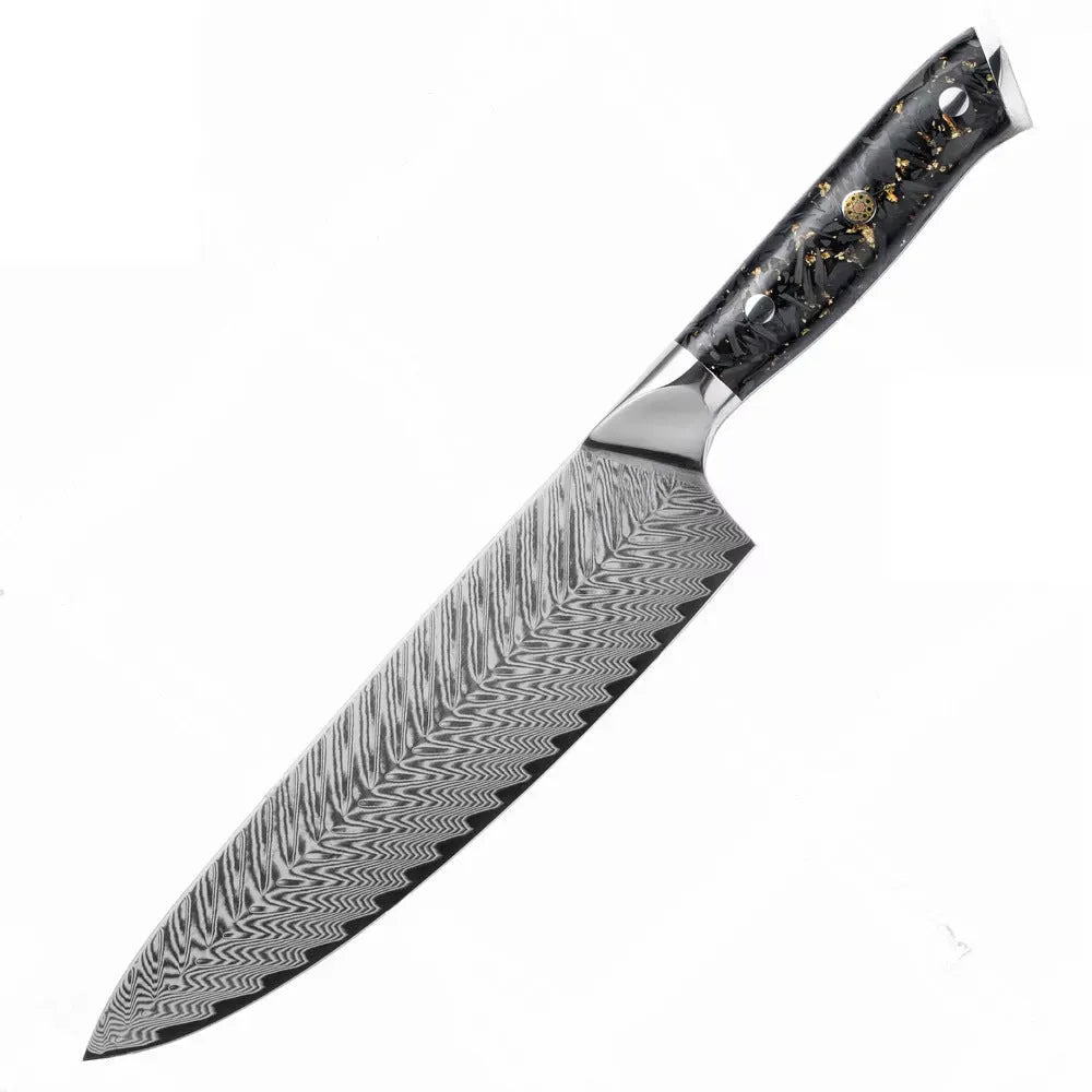 67-layer Damascus steel kitchen knife set with fishbone pattern showing eight different blade sizes and types