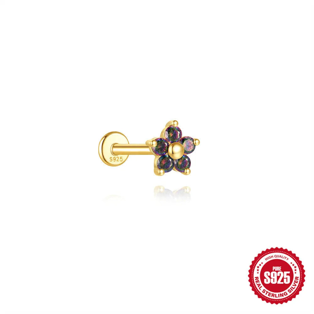 S925 sterling silver flat head stud earrings with shiny rainbow stone finish, showing thread piercing post.
