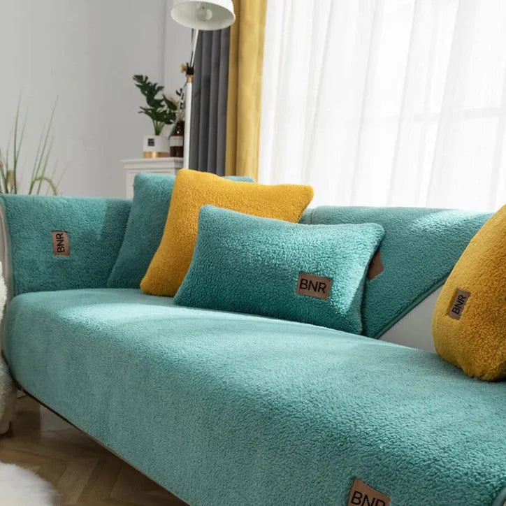 Lambswool sofa cover in solid colour showing cloth liner style and texture