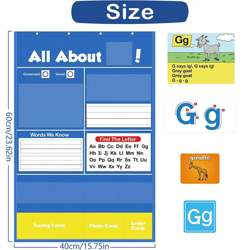Alphabet learning chart measuring 60 by 40 cm with word cards, letter cards, and picture cards laid out.