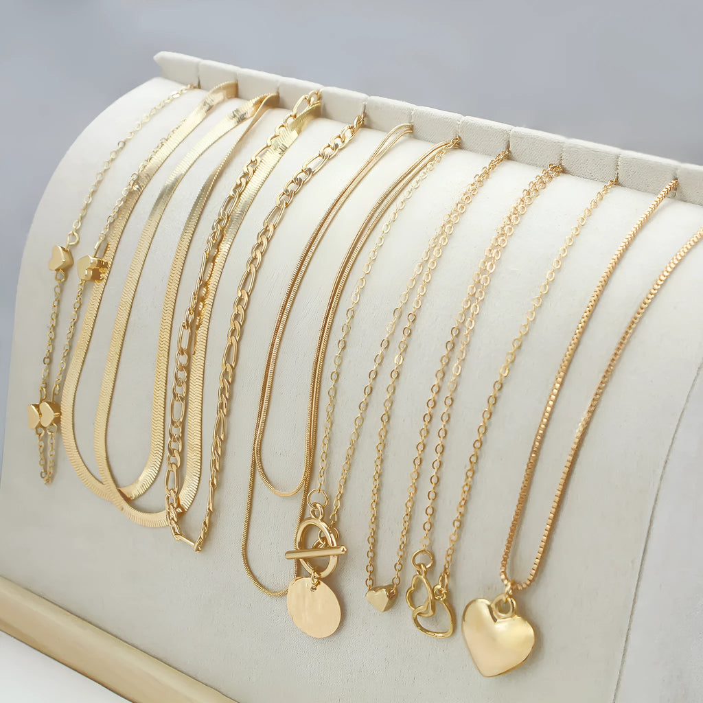 10-piece gold electroplated women's necklace set with snake bone chains and simple alloy pendants
