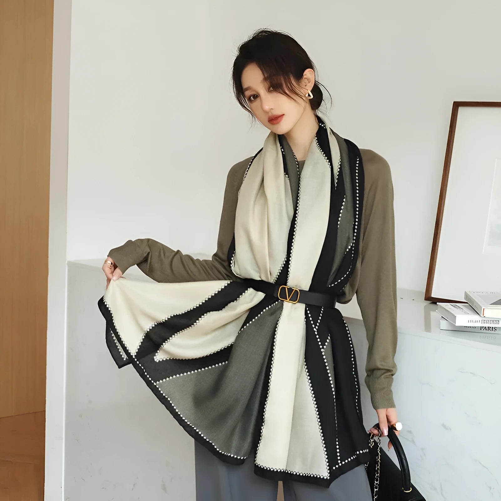 Polyester vintage printed scarf draping at 180cm by 90cm dimensions for autumn wear