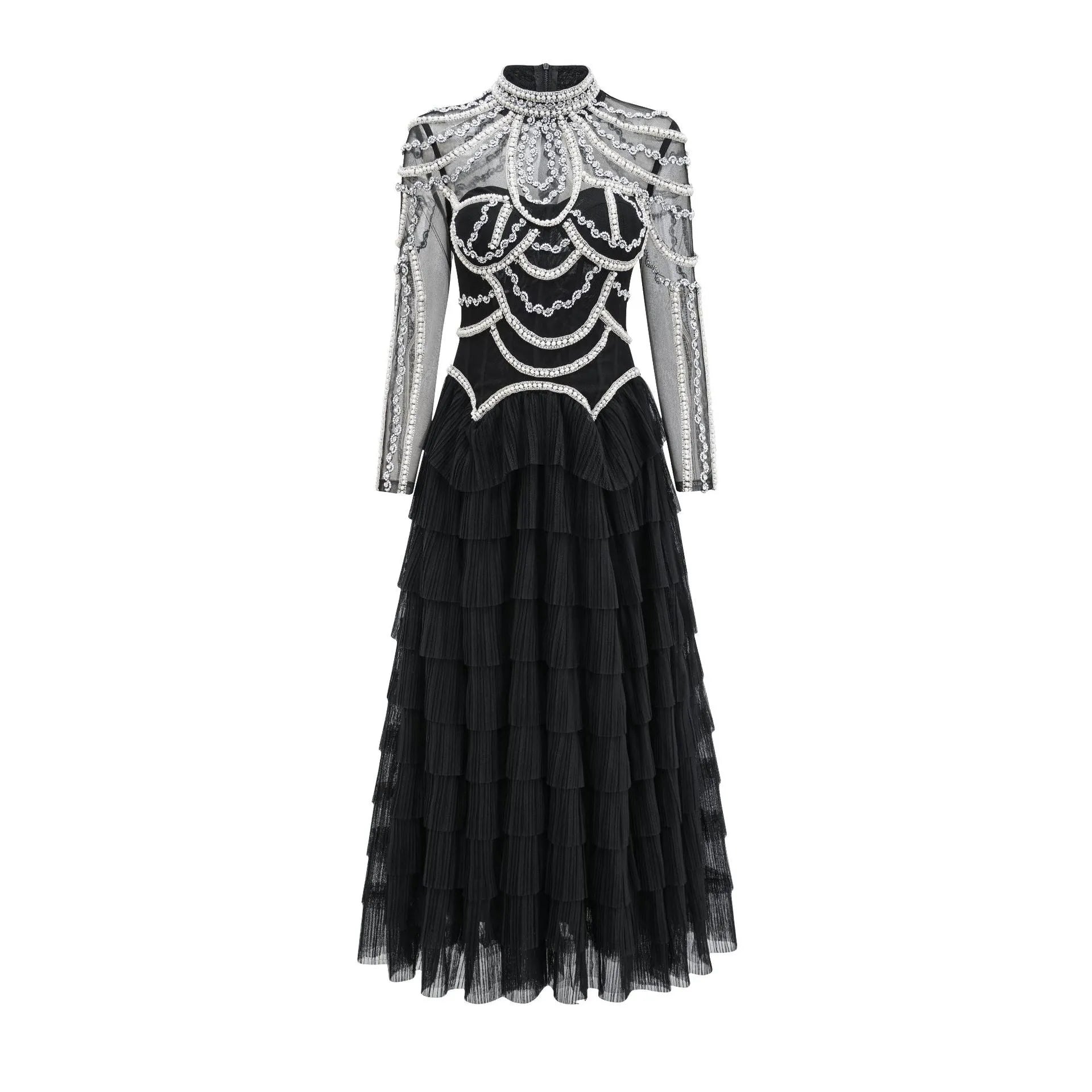 Black and pink women's long sleeve dress with beaded decoration on the front.
