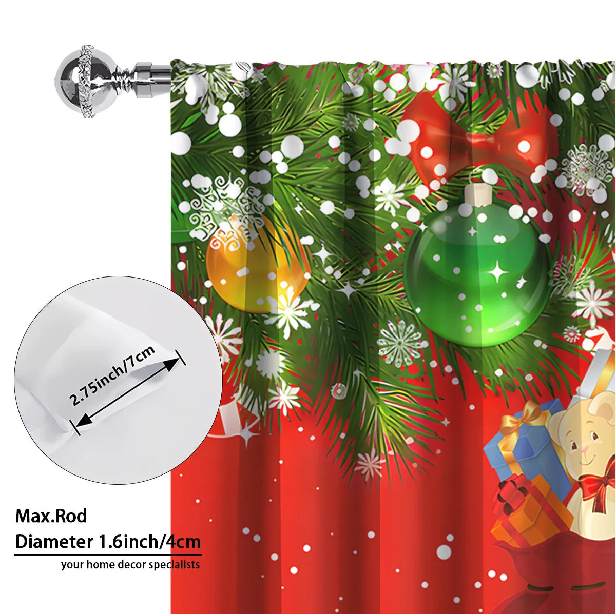 Set of two red and green 3D digitally printed Christmas theme curtains hanging on a window.