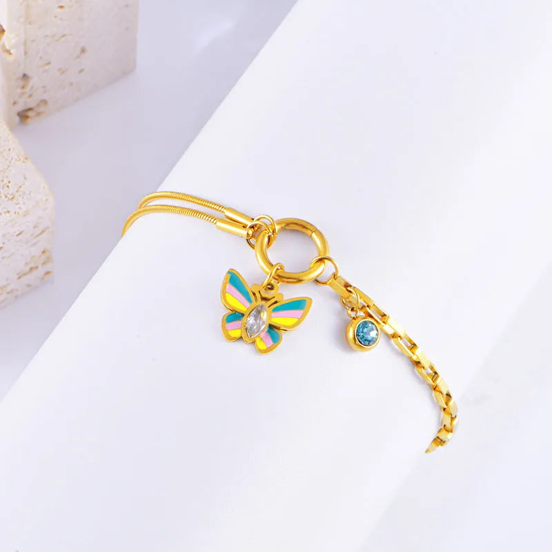Gold epoxy butterfly pendant necklace and bracelet set with titanium steel snake bones chain