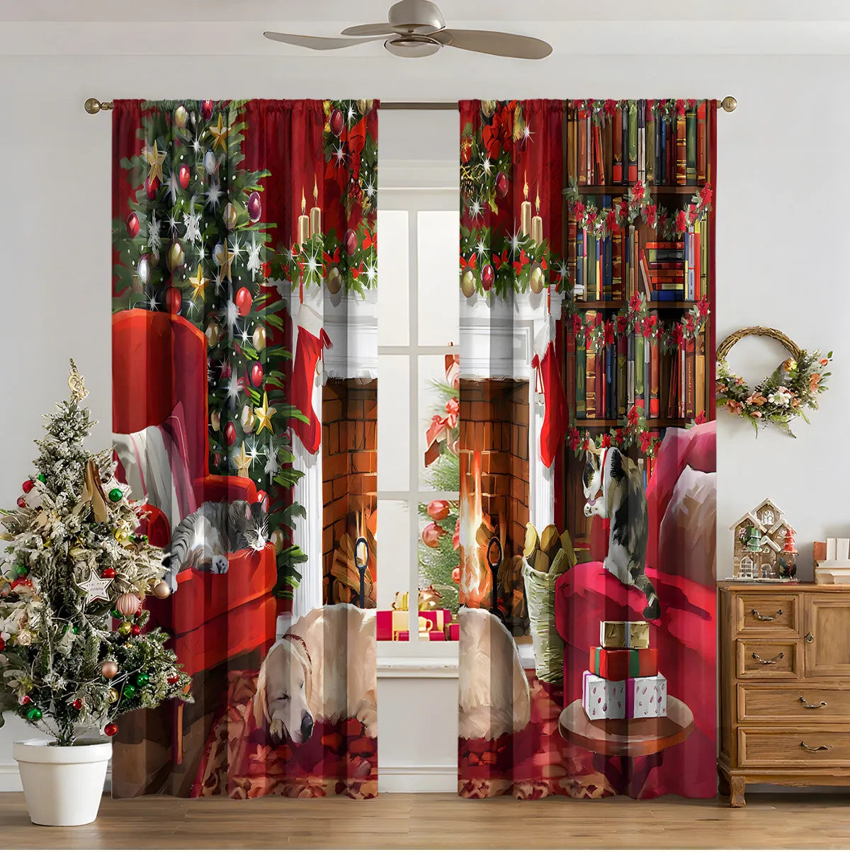 Set of two red and green 3D digitally printed Christmas theme curtains hanging on a window.