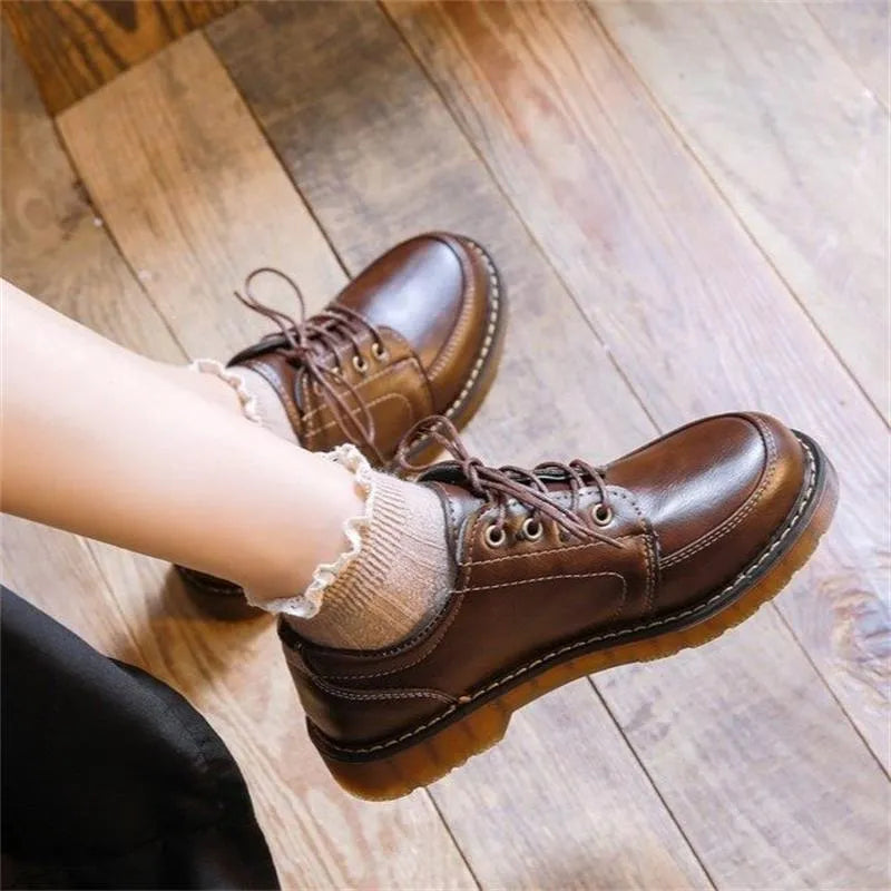 Women's black retro Mary Jane shoes with front lace-up and low square heel
