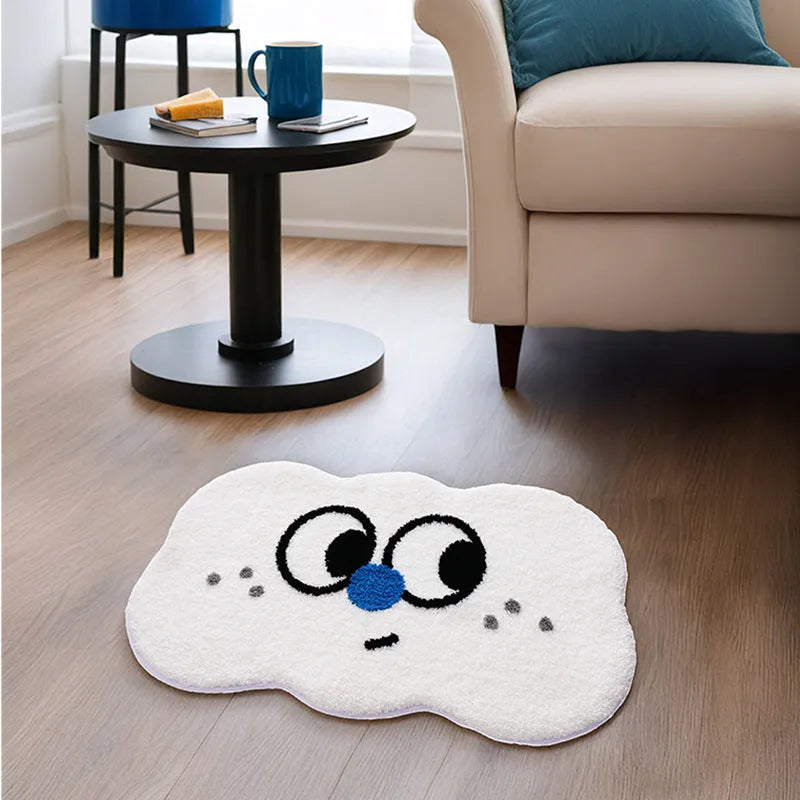 Colourful cartoon cloud bathroom mat with big eyes on a soft polyester pile.