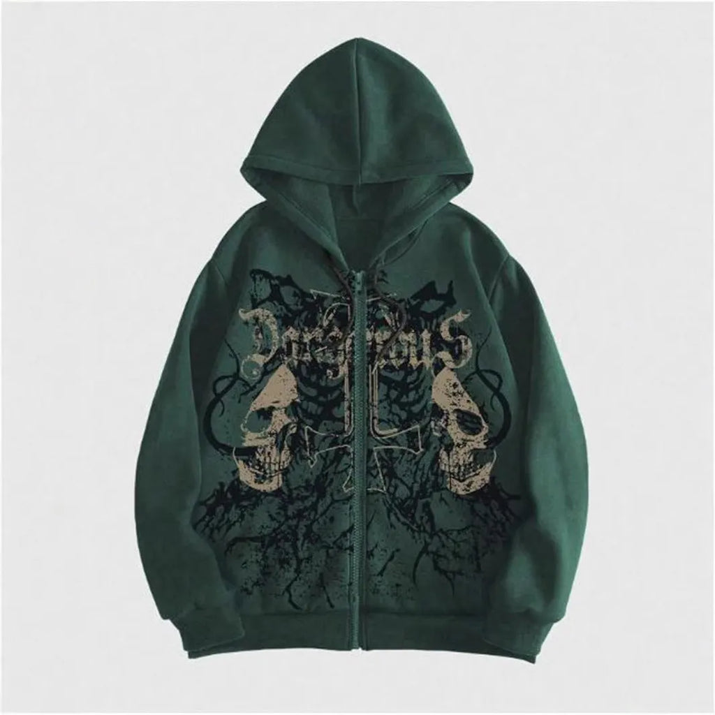 Men's black hooded sweatshirt with skull print pattern on cotton blend fabric